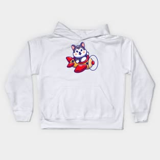 Cute baby husky driving plane cartoon Kids Hoodie